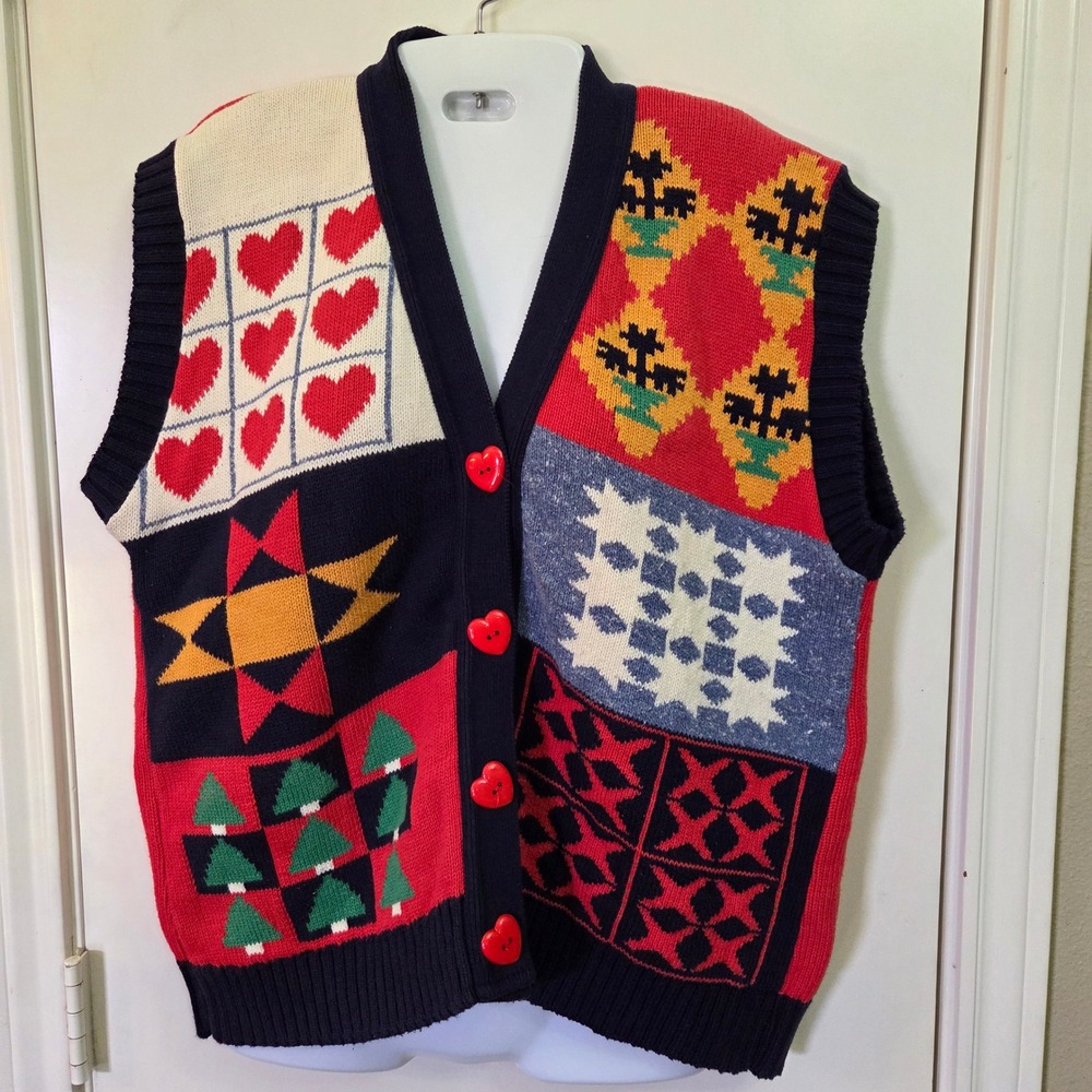 Sweater Loft Vintage Patchwork Knit Vest Red Heart Buttons Cotton Medium USA